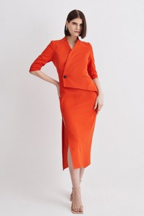 KAREN MILLEN Structured Crepe Split Side Midi Dress in Orange / asymmetric dresses / thigh high slit hem - flipped