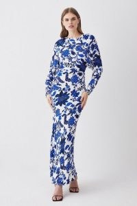 KAREN MILLEN Summer Blues Batwing Midi Dress in Blue – floral print occasion dresses