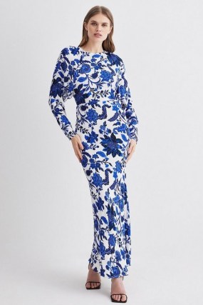 KAREN MILLEN Summer Blues Batwing Midi Dress in Blue – floral print occasion dresses - flipped