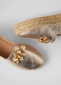 L.K. Bennett Talisa Gold Leather Embellished Flatform Espadrilles | women’s luxury metallic espadrille sandals | womens casual luxe shoes | crystal motif