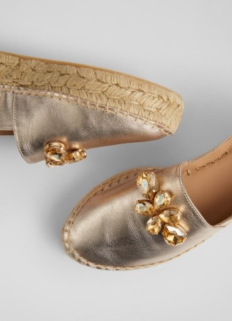 L.K. Bennett Talisa Gold Leather Embellished Flatform Espadrilles | women’s luxury metallic espadrille sandals | womens casual luxe shoes | crystal motif - flipped