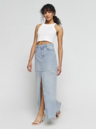 Reformation Tazz Maxi Denim Skirt in Tahoe | light blue slit front skirts | women’s casual clothes