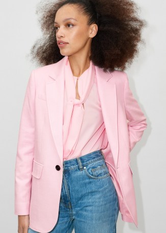 ME and EM Textured Weave Tailored Boyfriend Blazer in Candy Floss Pink – women’s luxury single breasted blazers – womens luxe summer jackets - flipped
