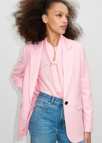 ME and EM Textured Weave Tailored Boyfriend Blazer in Candy Floss Pink – women’s luxury single breasted blazers – womens luxe summer jackets
