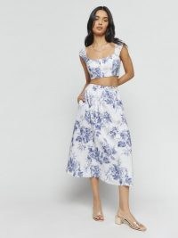 Reformation Teya Linen Two Piece in Lupine / women’s floral print fashion sets / feminine clothing co-ord / womens summer crop top and skirt co-ords / tops and skirts
