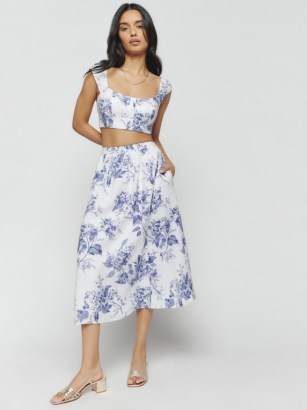Reformation Teya Linen Two Piece in Lupine / women’s floral print fashion sets / feminine clothing co-ord / womens summer crop top and skirt co-ords / tops and skirts - flipped