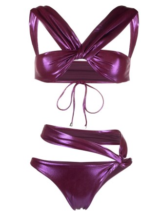 The Attico metallic bikini in purple / women’s strappy bikinis / glamorous shiny swimwear / poolside glamour