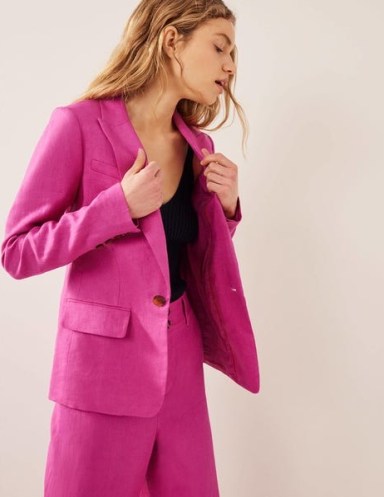 Boden The Cambridge Linen Blazer Rose Violet / women’s bright pink coloured blazers / womens longline single breasted spring – summer jackets - flipped