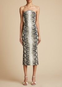 KHAITE THE RUMER DRESS in Roccia / strapless bodycon occasion dresses / womens snake print fashion / luxe clothing / women’s luxury evening event clothes / curved bandeau neckline / glamorous animal prints