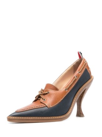 Thom Browne two-tone 105mm boat shoes in camel brown/navy blue ~ colour block courts ~ leather curved heel court shoe - flipped