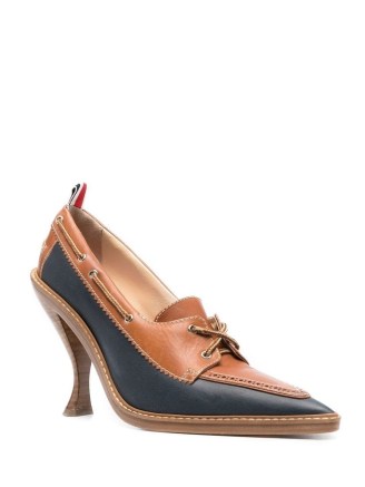 Thom Browne two-tone 105mm boat shoes in camel brown/navy blue ~ colour block courts ~ leather curved heel court shoe