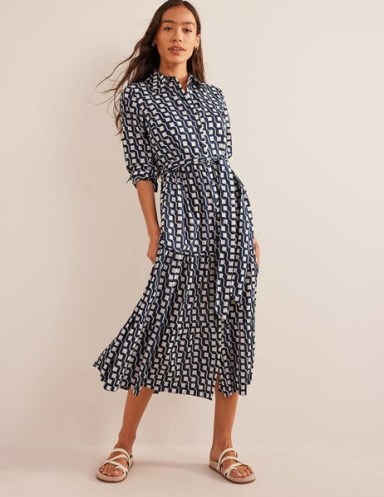Boden Tiered Cotton Midi Shirt Dress Navy, Cube Geo – women’s dark blue and white collared geometric print dresses – belted tie waist