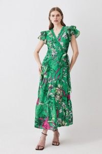 KAREN MILLEN Tiered Floral Printed Linen Modal Woven Maxi Dress ~ green ruffled sleeve tiered hem wrap dresses