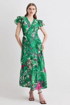 KAREN MILLEN Tiered Floral Printed Linen Modal Woven Maxi Dress ~ green ruffled sleeve tiered hem wrap dresses - flipped