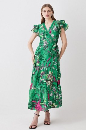 KAREN MILLEN Tiered Floral Printed Linen Modal Woven Maxi Dress ~ green ruffled sleeve tiered hem wrap dresses