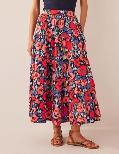 Boden Tiered Poplin Midi Skirt Navy, Abstract Poppy Large / women’s full floral cotton skirts / women’s spring clothes - flipped