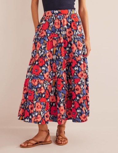 Boden Tiered Poplin Midi Skirt Navy, Abstract Poppy Large / women’s full floral cotton skirts / women’s spring clothes
