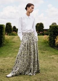 Me and Em Trailing Flower Print Floor-Length Skirt in Sicilian Olive/Cream/Blue | women’s luxury floral maxi skirts | womens sustainable clothing | recycled satin clothes