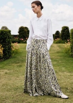 Me and Em Trailing Flower Print Floor-Length Skirt in Sicilian Olive/Cream/Blue | women’s luxury floral maxi skirts | womens sustainable clothing | recycled satin clothes - flipped