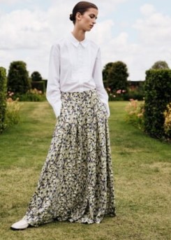 Me and Em Trailing Flower Print Floor-Length Skirt in Sicilian Olive/Cream/Blue | women’s luxury floral maxi skirts | womens sustainable clothing | recycled satin clothes