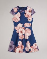 TED BAKER Trinia Floral Print Skater Dress in Dark Blue / women’s short sleeve floral print fit and flare party dresses