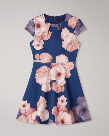 TED BAKER Trinia Floral Print Skater Dress in Dark Blue / women’s short sleeve floral print fit and flare party dresses - flipped