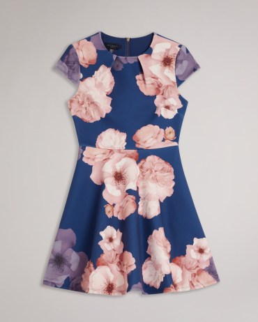 TED BAKER Trinia Floral Print Skater Dress in Dark Blue / women’s short sleeve floral print fit and flare party dresses