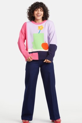 gorman Vase And Apple Jumper | patterned colour block jumpers | women’s organic cotton knitwear | womens relaxed fit sweaters | breathable knits | floral and fruit pattern - flipped