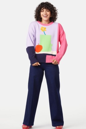 gorman Vase And Apple Jumper | patterned colour block jumpers | women’s organic cotton knitwear | womens relaxed fit sweaters | breathable knits | floral and fruit pattern