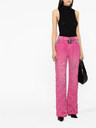 Versace ripped straight-leg jeans in fuchsia pink ~ women’s distressed denim fashion - flipped