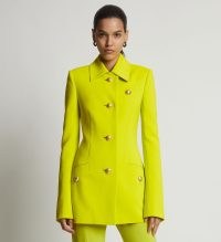 Proenza Schouler Viscose Suiting Relaxed Blazer in Sulpher | women’s luxury vintage style clothing | womens 1970s retro inspired blazers | gold button detail designer jackets | neon yellow outerwear