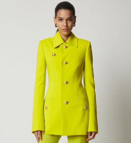 Proenza Schouler Viscose Suiting Relaxed Blazer in Sulpher | women’s luxury vintage style clothing | womens 1970s retro inspired blazers | gold button detail designer jackets | neon yellow outerwear - flipped