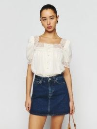 Reformation Wanda Top in Cream ~ women’s puff sleeve lace trimmed tops ~ womens feminine square neck blouses with short puffed sleeves