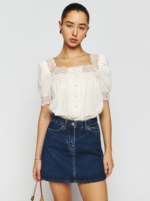 Reformation Wanda Top in Cream ~ women’s puff sleeve lace trimmed tops ~ womens feminine square neck blouses with short puffed sleeves - flipped