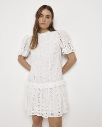 River Island WHITE BRODERIE FRILL MINI DRESS | feminine puff sleeve dresses | womens ruffled cotton clothing | cut out detail fashion