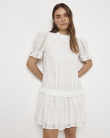 River Island WHITE BRODERIE FRILL MINI DRESS | feminine puff sleeve dresses | womens ruffled cotton clothing | cut out detail fashion - flipped