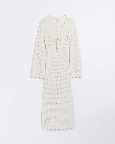 River Island WHITE CROCHET BODYCON MIDI DRESS | women’s knitted retro fashion | vintage style dresses