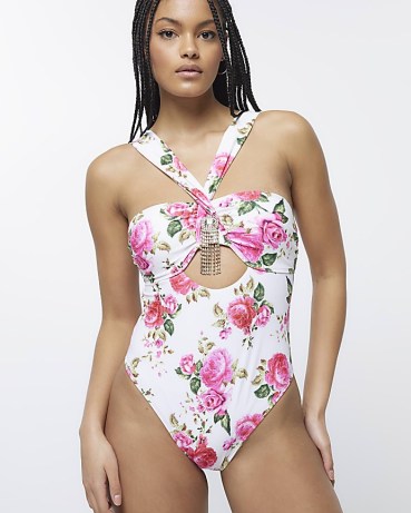 RIVER ISLAND WHITE FLORAL BANDEAU CUT OUT SWIMSUIT – womens cutout swimsuits – embellished swimwear - flipped