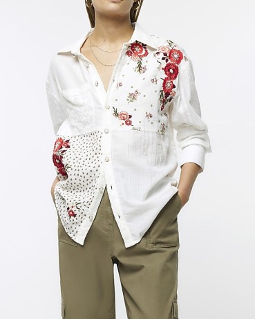 RIVER ISLAND WHITE PATCHWORK FLORAL PRINT SHIRT – womens mixed print shirts - flipped