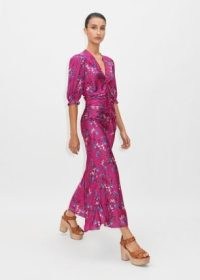 ME and EM Wild Meadow Print Ruched Midi Dress in Bright Rose/Black/Aqua ~ women’s luxury vintage inspired dresses ~ feminine fashion ~ womens floral print clothes