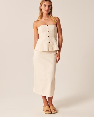 Abercrombie & Fitch Linen-Blend Column Midaxi Skirt in Cream | women’s neutral straight skirts | women’s spring and summer fashion - flipped