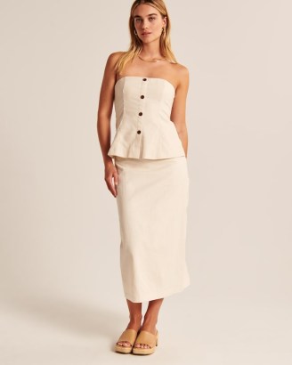 Abercrombie & Fitch Linen-Blend Column Midaxi Skirt in Cream | women’s neutral straight skirts | women’s spring and summer fashion