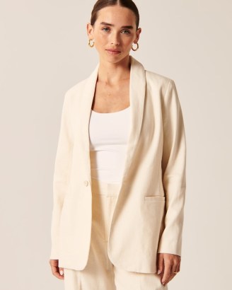 Abercrombie & Fitch Linen-Blend Shawl Collar Blazer in Cream ~ women’s single breasted blazers ~ womens neutral spring jackets - flipped