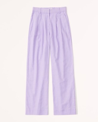 Abercrombie & Fitch Linen-Blend Tailored Wide Leg Pant ~ women’s lavender high waist front pleated trousers ~ womens spring fashion