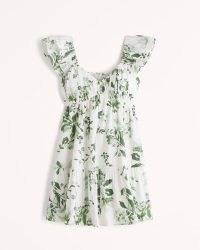 Abercrombie & Fitch Ruched Flutter Sleeve Mini Dress in Green Floral ~ women’s babydoll style dresses