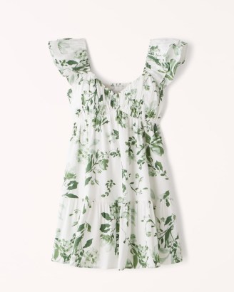 Abercrombie & Fitch Ruched Flutter Sleeve Mini Dress in Green Floral ~ women’s babydoll style dresses - flipped