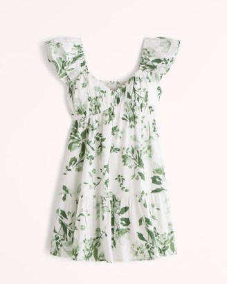Abercrombie & Fitch Ruched Flutter Sleeve Mini Dress in Green Floral ~ women’s babydoll style dresses