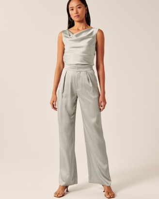 Abercrombie & Fitch Satin Tailored Wide Leg Pant in Sage ~ women’s light green silky look trousers - flipped