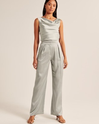 Abercrombie & Fitch Satin Tailored Wide Leg Pant in Sage ~ women’s light green silky look trousers