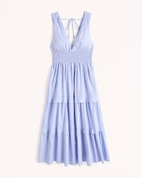Abercrombie & Fitch Smocked Waist Tiered Midi Dress in Blue – sleeveless plunge front dresses – deep plunging V-neck fashion